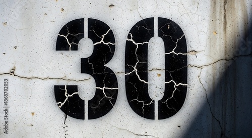 Bold number thirty stenciled on weathered, cracked concrete wall with shadows.