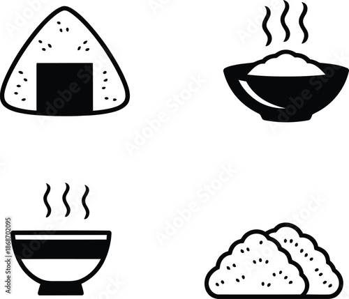A collection of black and white icons illustrating different forms of rice dishes and bowls