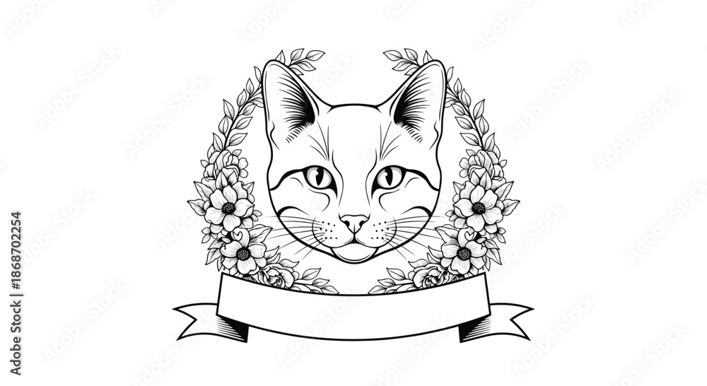 Obraz premium Detailed line art sketch of a cat head centered in a floral wreath above a blank ribbon banner for text on white.