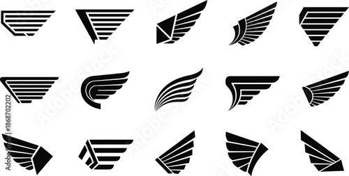 Black geometric wing icons and stylized feather emblem designs arranged in rows for logos, branding, and graphic decoration