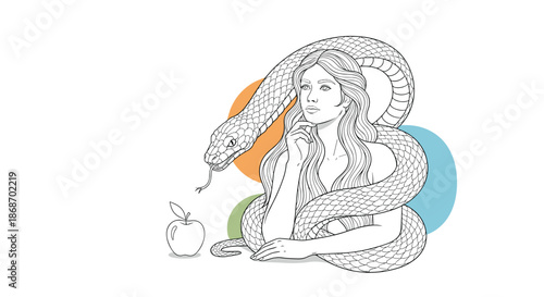 Classical line art style drawing shows a woman with a large snake coiled around her body looking towards a single apple.