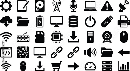 Technology computer solid icon set featuring hardware software network data storage devices interface communication symbols for modern digital systems design