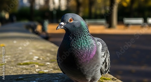 Urban pigeon with iridescent feathers perched on a stone wall in a sunny park