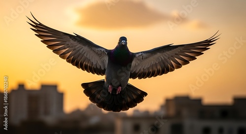 A single pigeon spreads its wings against a warm sunset sky, symbolizing freedom and flight.