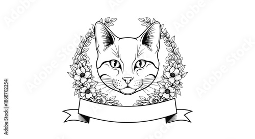 Detailed line art sketch of a cat head centered in a floral wreath above a blank ribbon banner for text on white.