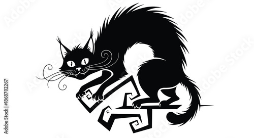 Solid black silhouette of an angry or scared cat with an arched back and raised fur stands on a jagged tree branch.