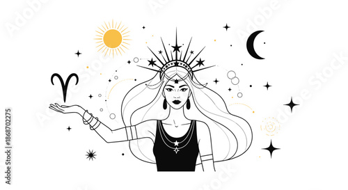Powerful woman representing the Aries zodiac sign wearing a celestial crown holds the aries symbol amidst a backdrop of stars and moon.
