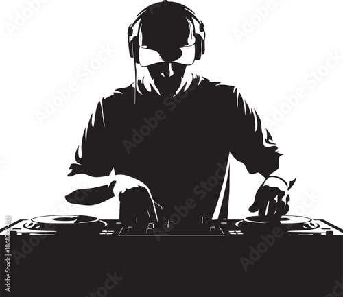 Silhouette of a dj wearing headphones and operating a dj controller with turntables and mixers for professional music mixing and performance creating an immersive experience for the audience.