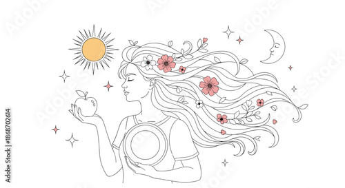Mystical woman with flowers in her long hair holding a round mirror between the sun and a crescent moon symbols.