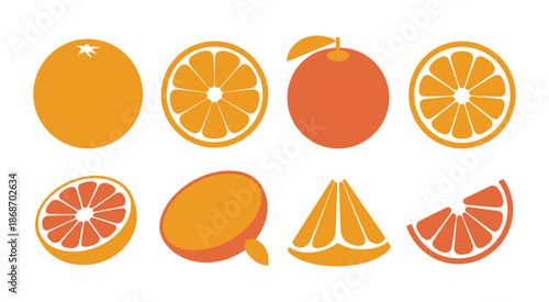 Orange Fruit Vector Illustration, whole oranges, cross-sections, and sliced pieces on light background, fresh citrus fruit concept, healthy food design element.