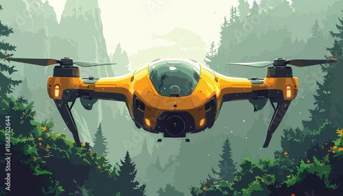 Yellow Drone Flying Through Forest - Advanced Technology and Aerial Surveillance.