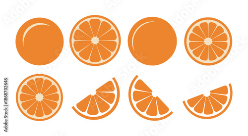 Orange Fruit Vector Illustration, whole oranges, cross-sections, and sliced pieces on light background, fresh citrus fruit concept, healthy food design element.