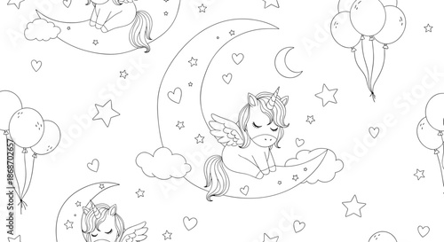 Seamless pattern featuring cute winged unicorns sleeping on crescent moons with clouds, stars, and bunches of balloons.