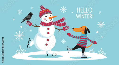 Friendly snowman and a cheerful dachshund dog wearing sweaters ice skating together on a frozen pond in winter.