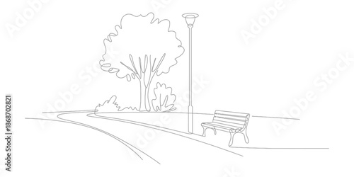 A serene park scene with a winding path, lush tree, and a solitary bench Vector, illustration