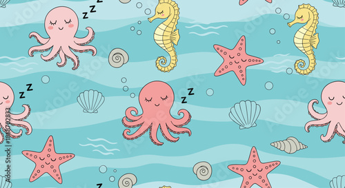 Colorful seamless pattern featuring happy sleeping octopuses, seahorses, starfish, and seashells in a wavy blue ocean.