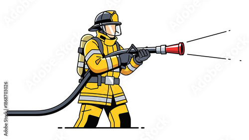 Firefighter in Protective Gear Spraying Water from a Hose - Illustration of Emergency Services