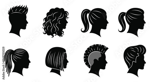 Diverse collection of female and male hairstyles displayed as striking black silhouettes