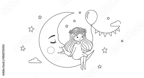Sweet little girl wearing a flower crown sitting on a giant crescent moon in a starry night sky with a balloon.