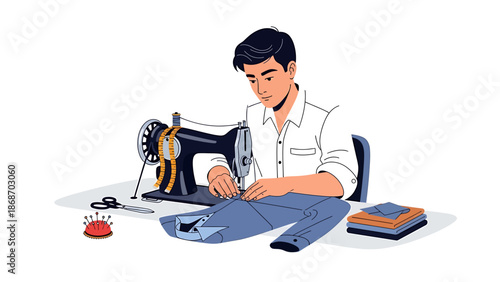Man sewing clothes with a sewing machine, tailoring and fashion design illustration