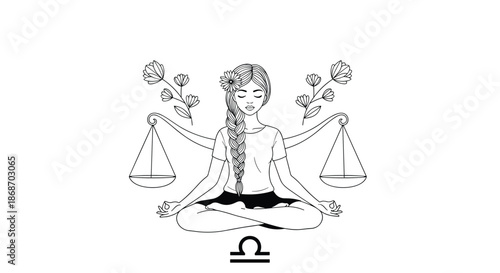 Serene woman with a long braid sitting in a yoga pose representing the Libra zodiac sign with balancing scales and flowers.