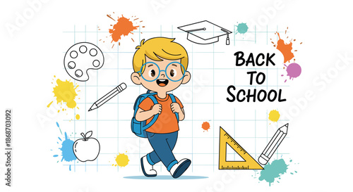 Cheerful schoolboy with a backpack walking happily among various school supplies and colorful paint splashes.