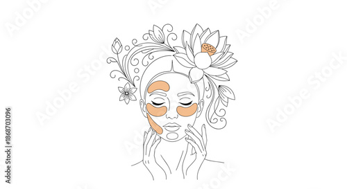 Beautiful woman with her eyes closed wearing eye patches and ornate lotus flowers in her hair for a spa theme.