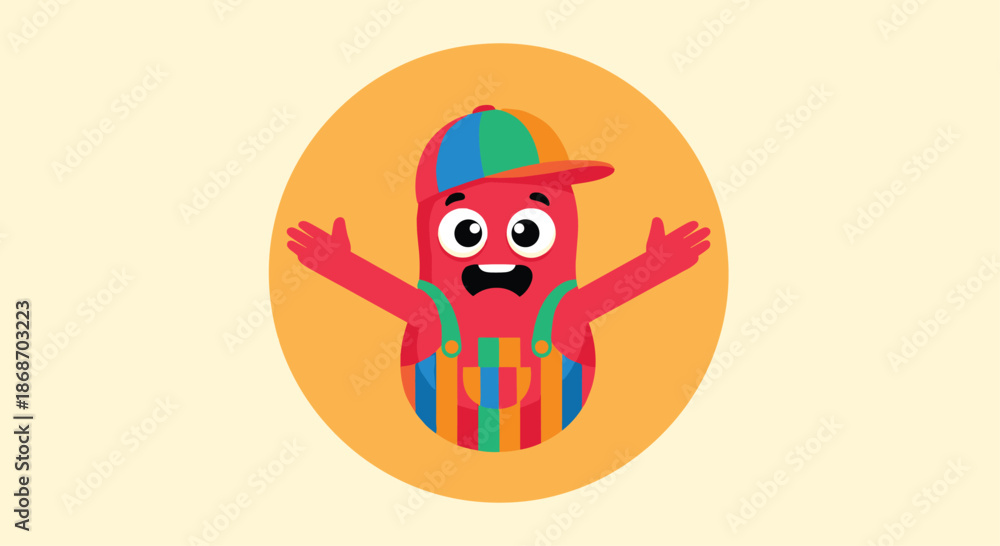 Fototapeta premium Funny red jelly like character wearing a vibrant rainbow striped cap and denim overalls with its arms wide open.