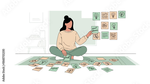 Woman brainstorming ideas with sticky notes and cards on floor and wall