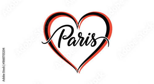 Romantic Paris text written in elegant black cursive calligraphy inside a large red and black decorative heart shape.
