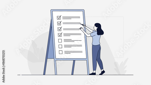 Woman checking items on a large checklist board, task management concept.