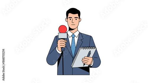 Journalist Reporting with Microphone and Notepad, News Reporter Character