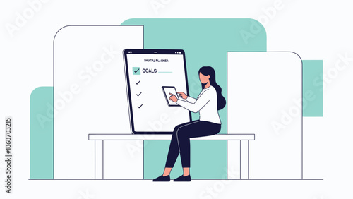 Woman checking goals on digital planner on tablet, business planning, to-do list concept