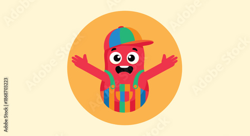 Funny red jelly like character wearing a vibrant rainbow striped cap and denim overalls with its arms wide open.