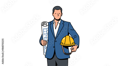 A professional architect or engineer standing confidently with blueprints and a hard hat