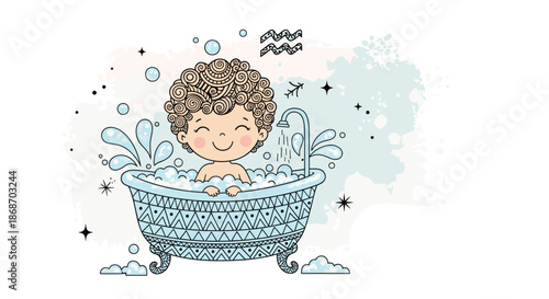 Happy little boy with curly hair enjoying a relaxing bath in a decorative bathtub filled with soap bubbles and stars.