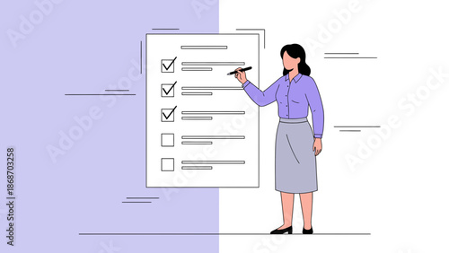 Woman checking off items on a to-do list with a pen, business concept