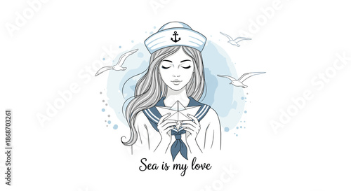 Dreamy sailor girl in a nautical hat and uniform holding a paper boat with seagulls flying in the background sky.