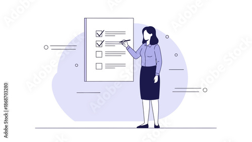 Woman checking off tasks on a checklist, business planning, to-do list, task management concept