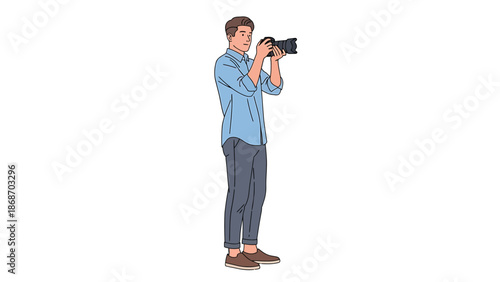 Young man holding a professional digital camera, actively capturing a photograph. Vector illustration depicts a focused male photographer for creative visual content