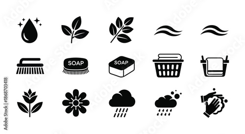 Collection of cleaning and nature icons featuring soap water plants and laundry silhouette