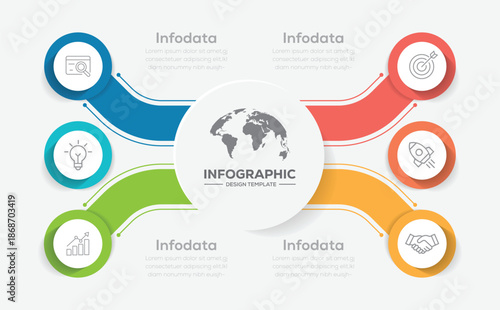 Infographic design template displaying a process with 6 steps, icons, and text descriptions. Can be used for presentation slid.
