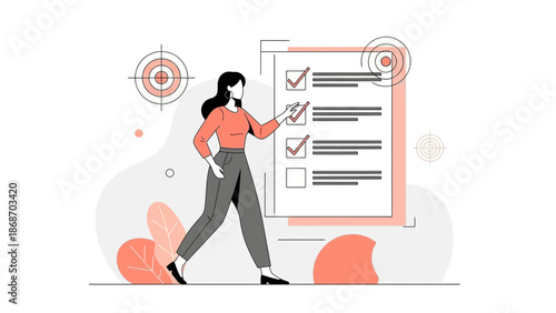 Woman checking tasks on checklist with targets, business planning illustration