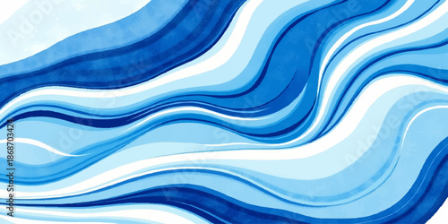 Abstract ocean waves in various shades of blue undulate across the canvas. An artistic rendering of water in motion.