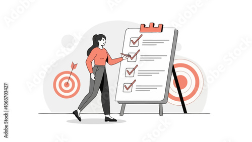 Woman checking tasks on clipboard, business strategy, goal achievement, project management concept