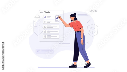 Woman checking to-do list on digital interface, task management, planning, organization
