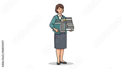A focused professional woman expertly carries a tall stack of books, representing dedication to education, extensive research, and the accumulation of valuable knowledge