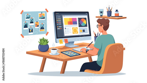 A graphic designer working on a digital art project at their computer with creative tools and inspiration on the wall