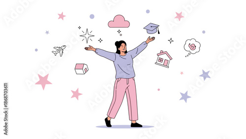 Woman dreaming of future goals: travel, education, home, love, success