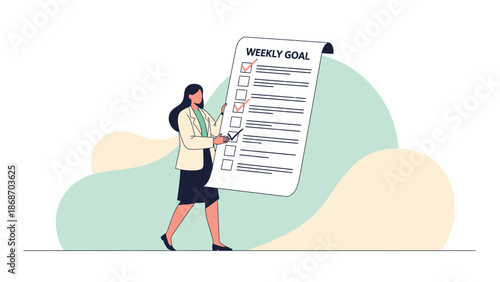 Woman holding a large weekly goal checklist with completed tasks marked by checkboxes
